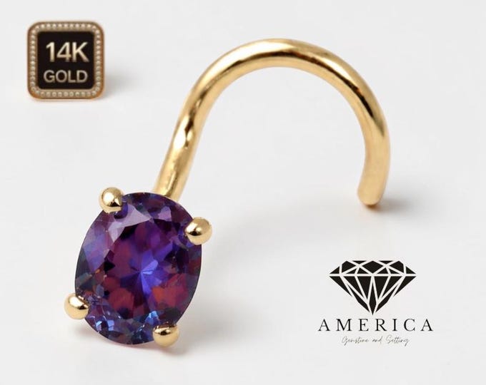 Lab Alexandrite 3x4mm Oval  Shape 14K Gold Nose Stud  18 GA 20 GA 22 GA  Piercing , Real Gold 14K , sold 1 piece