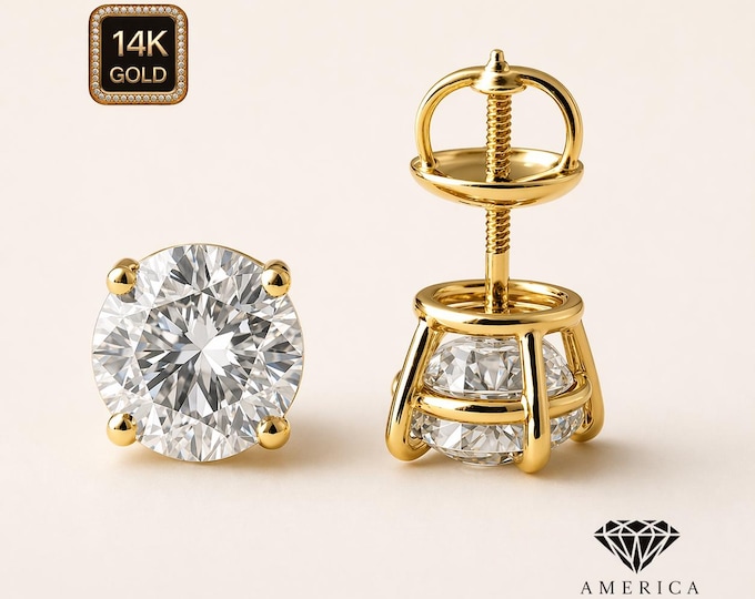 Moissanite Diamond 14K Solid Gold  Earrings Heavier Basket earrings stud Real 14K Gold sold 1 Pair Screw backing Round Shape gemstone.