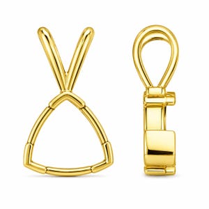 May include: Two gold-colored jewelry findings. One is a V-shaped bail with a triangular base. The other is a rectangular bail with a loop at the top. Both are made of shiny, polished metal.