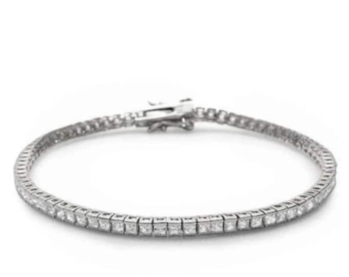 2.50mm Bezel Elegant Princess cut Cubic Zirconia .925 Sterling Silver Tennis Bracelet 7.5" Long Perfect for gift , anniversary, wedding.