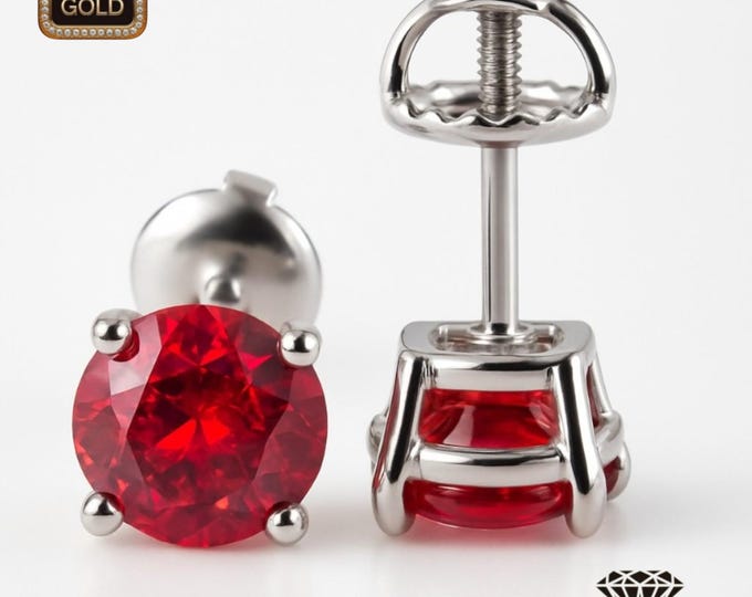 LAB Ruby 14K Solid Gold Earrings Heavier Basket earrings stud Real 14K Gold sold 1 Pair screw backing.