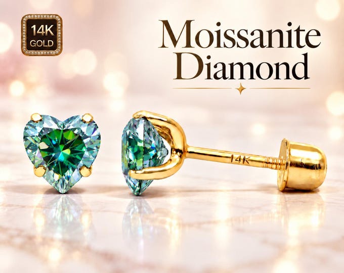 Moissanite 14K Solid Real Gold Heart Shape  5x5mm Baby Screw Back Earrings  Sold in 1 pair.