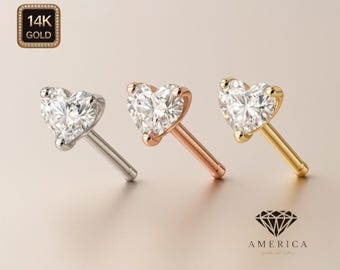 Heart Moissanite 14K Gold Nose Stud 20 GA Piercing , Real Gold 14K ,  20 GAUGE sold 1 piece Pass Diamond Tester.