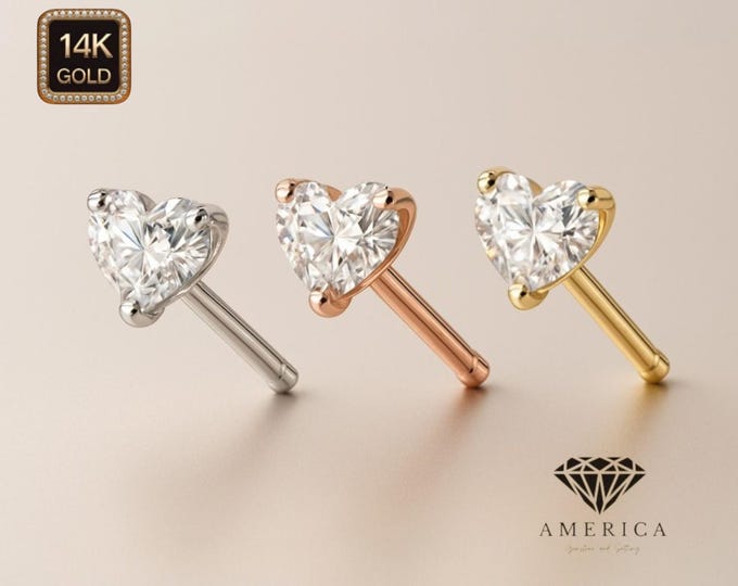 Heart Moissanite 14K Gold Nose Stud 20 GA Piercing , Real Gold 14K ,  20 GAUGE sold 1 piece Pass Diamond Tester.