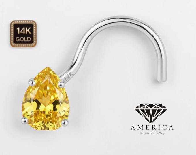 Yellow Moissanite Pear Shape 3x5 MM  14K Yellow Gold Nose Stud 20 GA Piercing , Real Gold 14K ,  20 GAUGE sold 1 piece Yellow