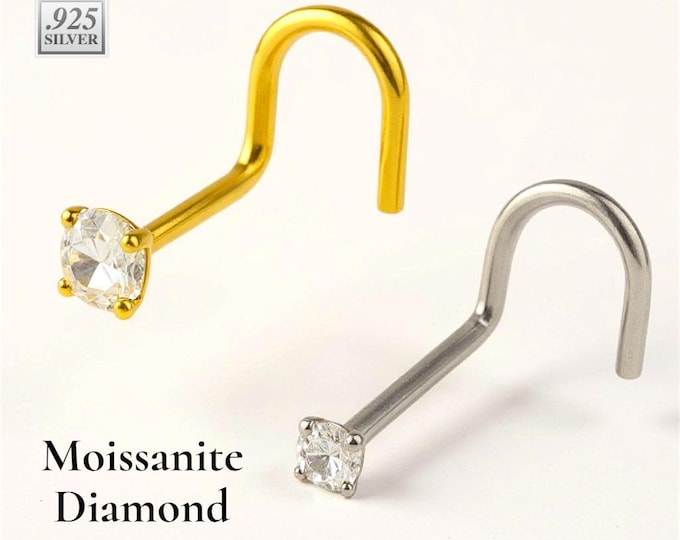 Moissanite Diamond 925 Sterling Silver Twisted U shaped Nose Stud 20 GA, 1.50mm 2mm 2.50mm 3.00mm