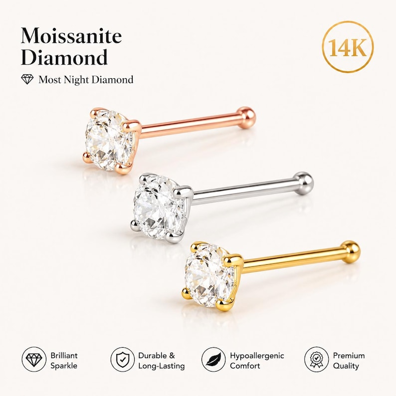 May include: Three nose studs with moissanite diamonds. One is rose gold, one is silver, and one is gold. The text reads "Moissanite Diamond" and "Most Night Diamond". The studs are labeled as "Brilliant Sparkle", "Durable & Long-Lasting", "Hypoallergenic Comfort", and "Premium Quality".
