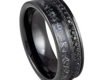 Tungsten Ring Black IP Plated Opal Inlay with Black CZ Sleeve/Inner Ring – 8mm