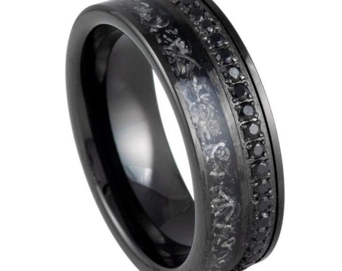 Tungsten Ring Black IP Plated Opal Inlay with Black CZ Sleeve/Inner Ring – 8mm