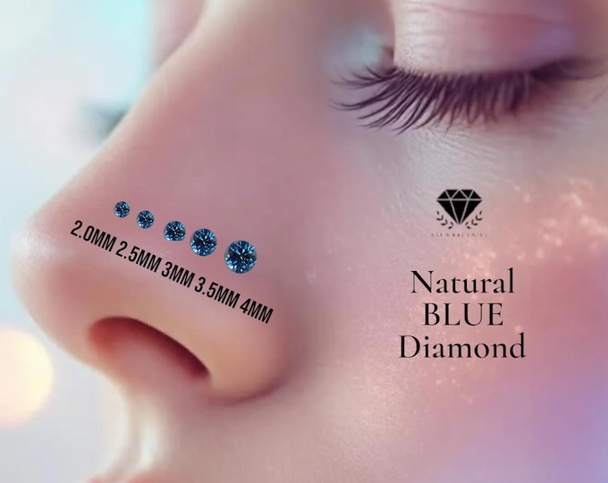 Natural Blue Diamond 14K Gold Nose Stud 20 GA Piercing , Real Gold 14K ,  20 GAUGE sold 1 piece Natural Blue  Diamond .
