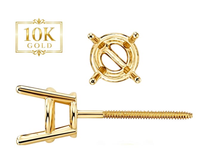 10K Real Gold Mounting 4 Prong Basket Round Screw Backing Earring Setting Sold 1 piece Thickness 20 GA.