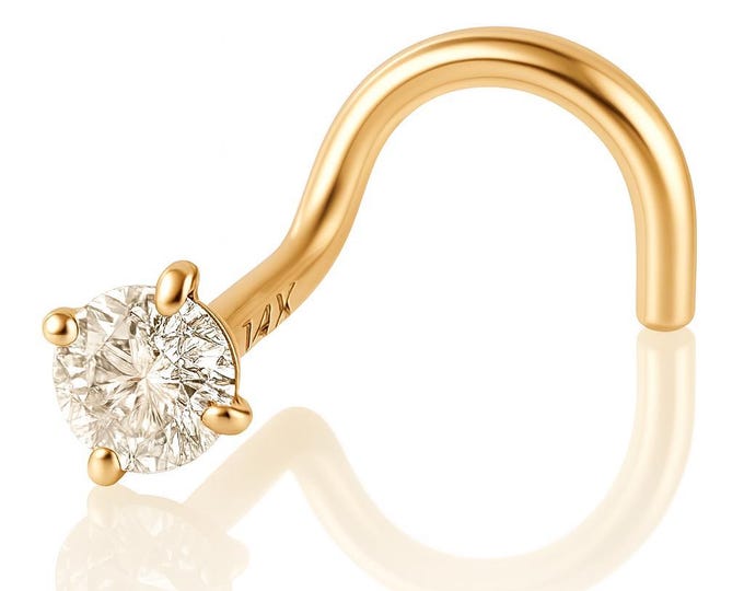 Lab Grown Diamond 14K Yellow Gold Nose Stud 20 GA Piercing , Real Gold 14K ,  20 GAUGE sold 1 piece Lab Grown Diamond VVS1/EF .