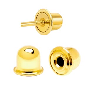May include: Three gold earring components are shown. The components include a post with a threaded end, a domed back, and a screw-on back. The post is stamped with "4K". The earring components are gold in colour.