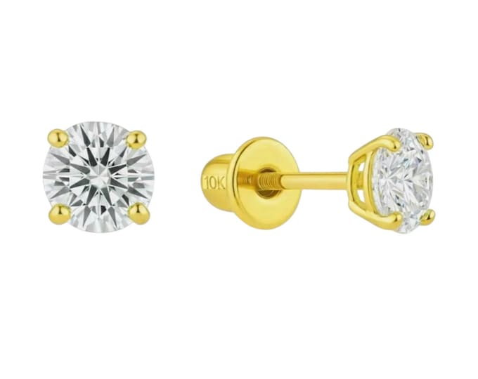 10K Yellow Round Basket Moissanite Earrings Stud 1 pair in Baby screw Backing 10K Gold Moissanite Diamond VVS1 DEF Real gold 1 pair.