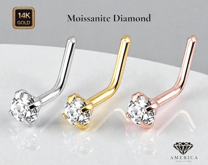 Moissanite Diamond 14K Solid Gold  L shaped Nose Stud 20 GA, 1.50mm 2mm 2.50mm 3.00mm 3.50mm 4.00mm 5.00mm