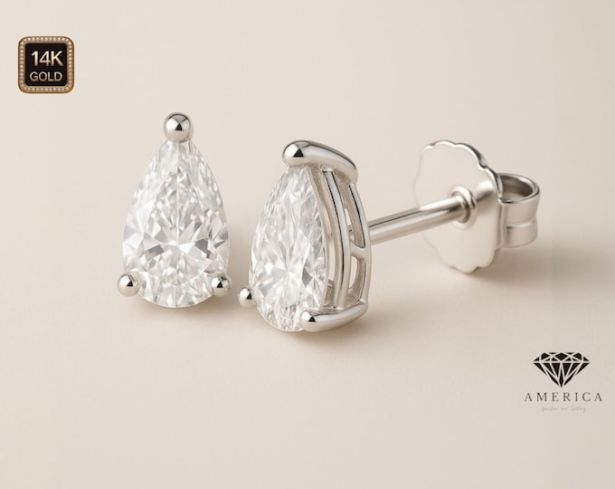 Moissanite Diamond  14K Solid Gold Pear Shape Stud  Earrings In Push Backing sold in 1 pair.