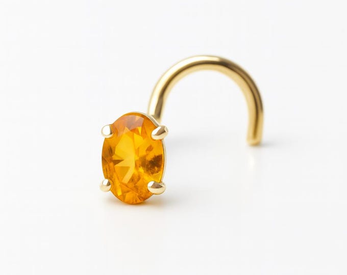 Natural Citrine Oval  Shape 14K Gold Nose Piercing , Real Gold 14K ,  Nose Ring nugget 20 GAUGE , Real Gold Piercing sold 1 piece.