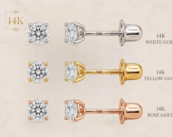 14k Solid Gold Lab-Grown Diamond Stud Earrings, Screw Back, White or Yellow Gold 1pcs or 1 pair.