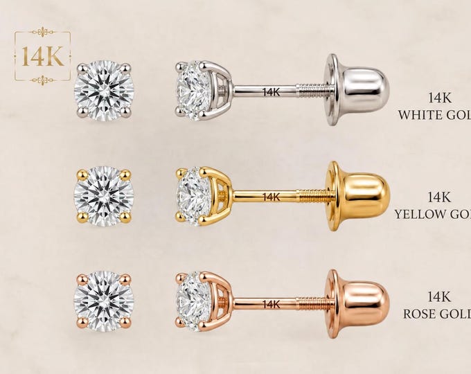 14k Solid Gold Lab-Grown Diamond Stud Earrings, Screw Back, White or Yellow Gold 1pcs or 1 pair.