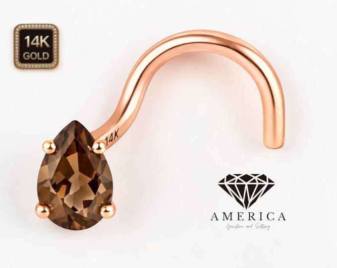 Natural Smoky Topaz 3x5mm Pear Shape 14K Gold Nose Stud  18 GA 20 GA 22 GA  Piercing , Real Gold 14K , sold 1 piece