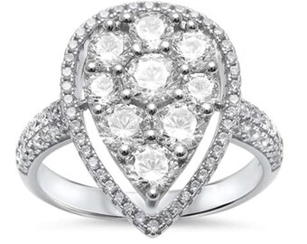 Pear Shape Beautiful Fine Round & Pave Cz .925 Sterling Silver Ring