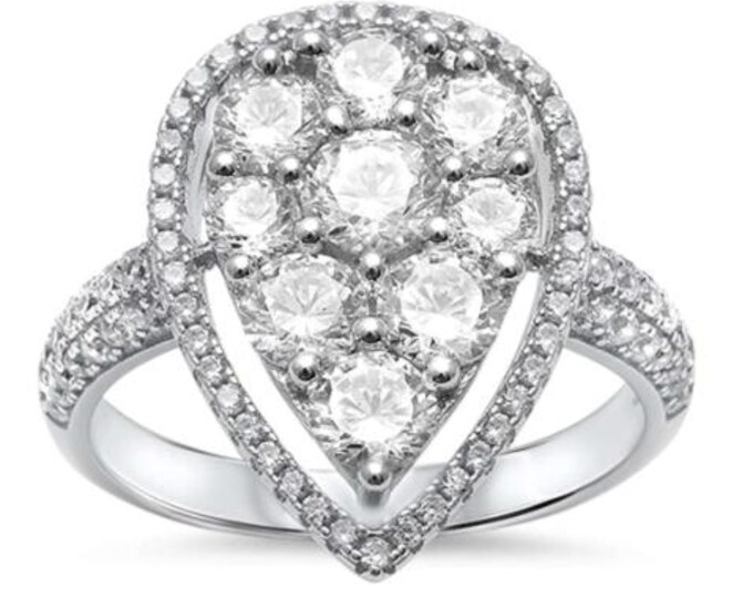 Pear Shape Beautiful Fine Round & Pave Cz .925 Sterling Silver Ring