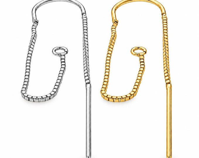 14K SOLID GOLD U- Threader Box Chain Ear wire Earring Threader Earrings, Pull Through Chain Drops, Long Dangle Earring sold 1 piece