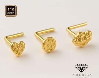 14K Gold Nose Piercing , Real Gold 14K , L Shape Nose Ring nugget 20 GAUGE , Real Gold , Nostril Piercing sold 1 piece.