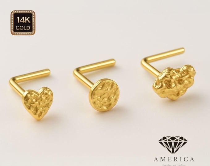 14K Gold Nose Piercing , Real Gold 14K , L Shape Nose Ring nugget 20 GAUGE , Real Gold , Nostril Piercing sold 1 piece.