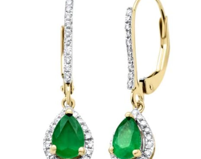 1.0ct G SI 14K Yellow Gold Round Diamond & Pear Shape Emerald Gemstone Drop Earrings