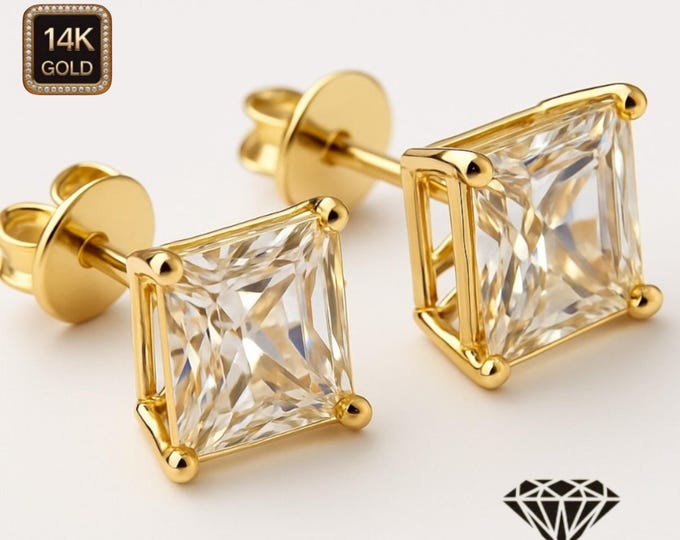 Moissanite Diamond 14K Solid Gold Earrings Heavier Basket square 20 GA earrings stud Real 14K Gold sold 1 Pair Push backing.
