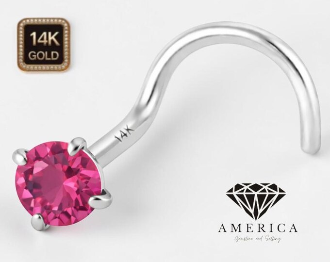 Natural Pink Tourmaline 14K Solid Gold Nose Stud 20 GA Piercing , Real Gold 14K , 20 GAUGE 6mm post length, Natural Pink Tourmaline
