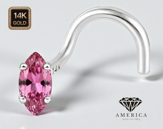 Natural Pink Tourmaline Marquise 2.5x5 mm 14K Solid Gold Nose Stud 20 GA Piercing , Real Gold 14K ,  20 GAUGE sold 1 piece Pink Tourmaline