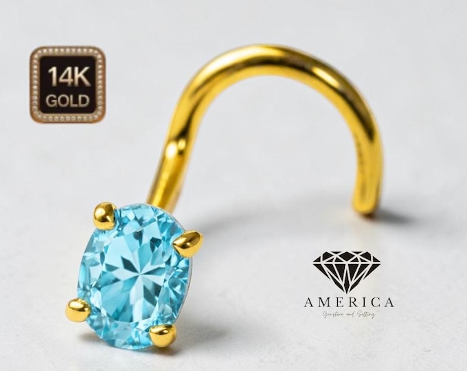 Natural Swiss Blue Topaz 3x4mm Oval  Shape 14K Gold Nose Stud  18 GA 20 GA 22 GA  Piercing , Real Gold 14K , sold 1 piece
