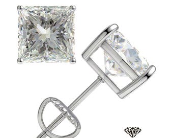Moissanite or CZ  Stud Earrings Push Back .925 Sterling Silver Earrings 3MM-10MM Princess Cut Square Gemstone.
