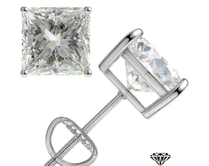 Moissanite or CZ  Stud Earrings Push Back .925 Sterling Silver Earrings 3MM-10MM Princess Cut Square Gemstone.