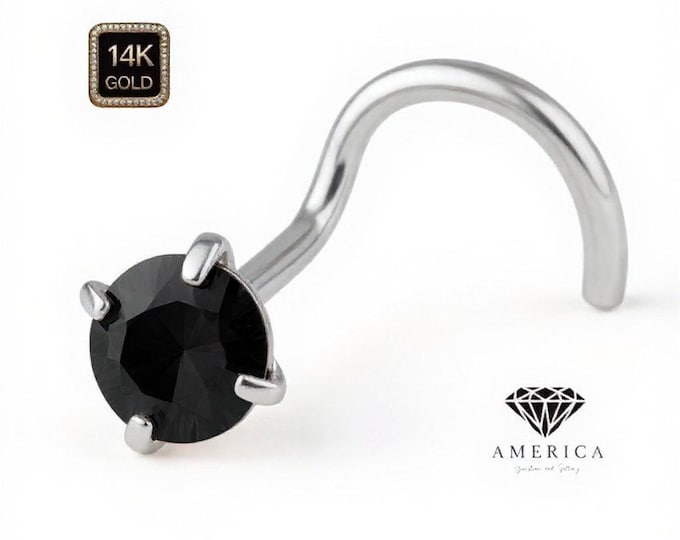 Black Diamond 14K Solid Gold Nose Stud 20 GA Piercing , Real Gold 14K , 20 GAUGE 6mm post length, Black Diamond