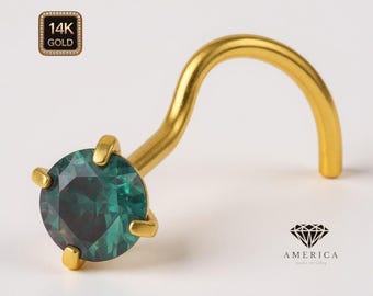 LAB Alexandrite  14K Solid Gold Nose Stud 20 GA Piercing , Real Gold 14K , 20 GAUGE 6mm post length.
