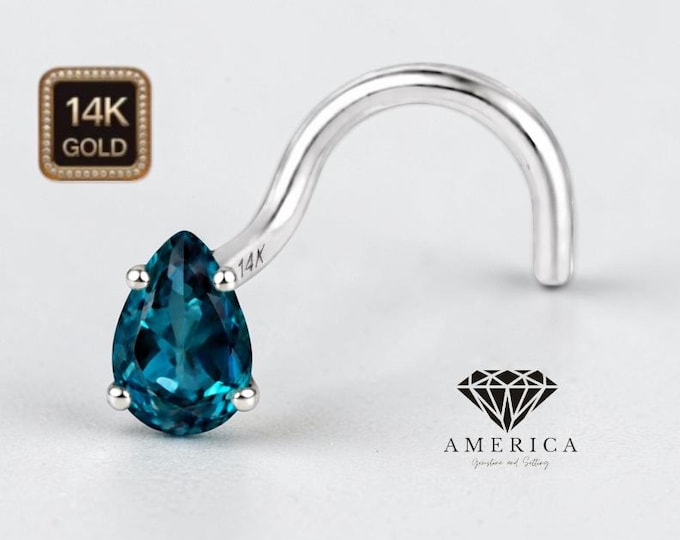 Natural London Blue Topaz 3x5mm Pear Shape 14K Gold Nose Stud  18 GA 20 GA 22 GA  Piercing , Real Gold 14K , sold 1 piece