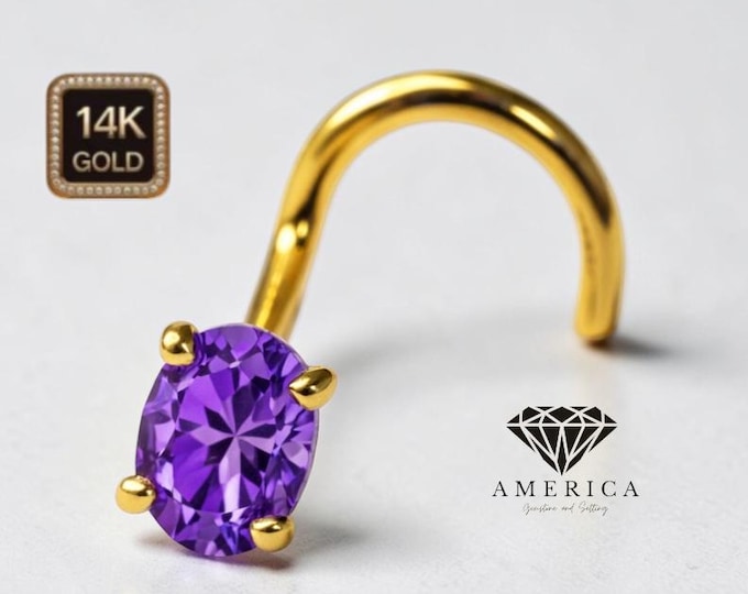 Natural Amethyst  3x4mm Oval  Shape 14K Gold Nose Stud  18 GA 20 GA 22 GA  Piercing , Real Gold 14K , sold 1 piece