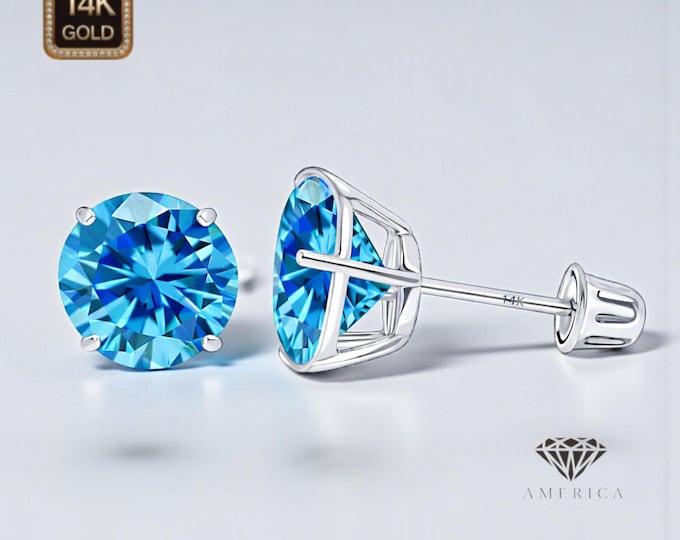 14K Gold Blue Topaz Earrings 22 GA Thin Basket earrings Baby Screw backing Sold 1 pair earrings stud.