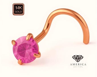 Pink Topaz 14K Solid Gold Nose Stud 20 GA Piercing , Real Gold 14K , 20 GAUGE 6mm post length, Pink Topaz