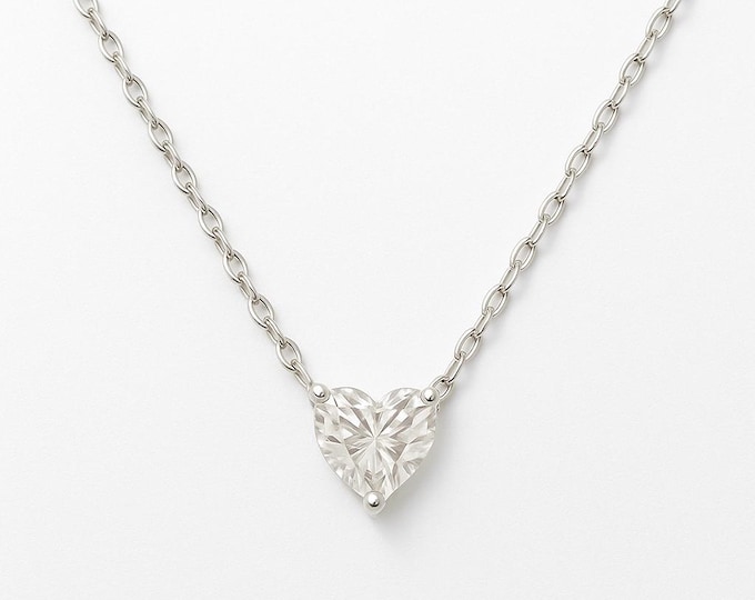 Moissanite Rhodium Plated 925 Sterling Silver Heart Pendant Adjustable Necklace Wedding, bridal, birthday, gift.