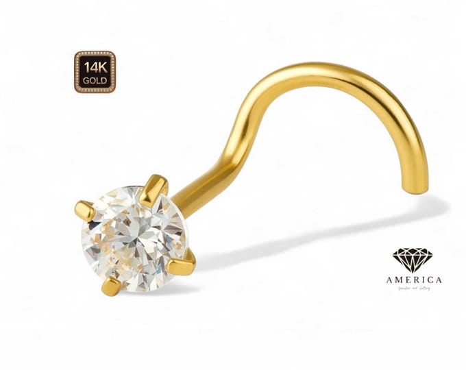 Natural Diamond VS1 14K Yellow Gold Nose Stud 20 GA Piercing , Real Gold 14K , 20 GAUGE 6mm post length.