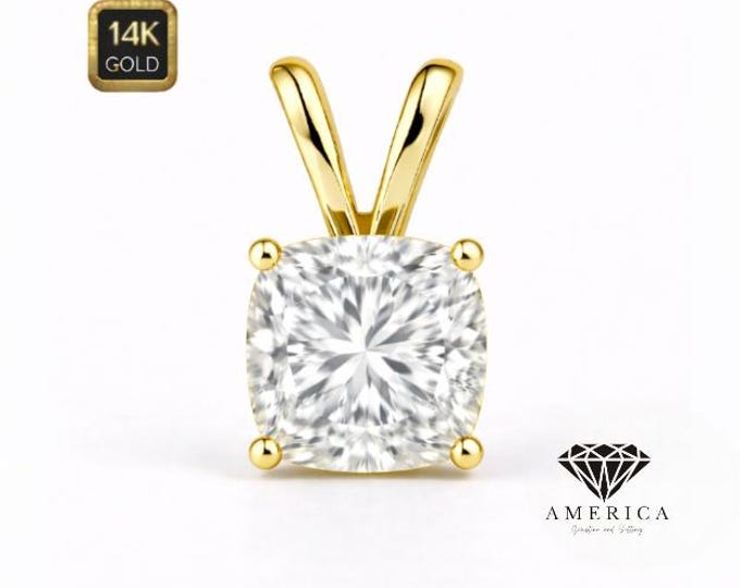 Natural Gemstone 14K Real Gold Natural Gemstone Cushion Cut Shape  with 4 Prong Basket Pendant only.