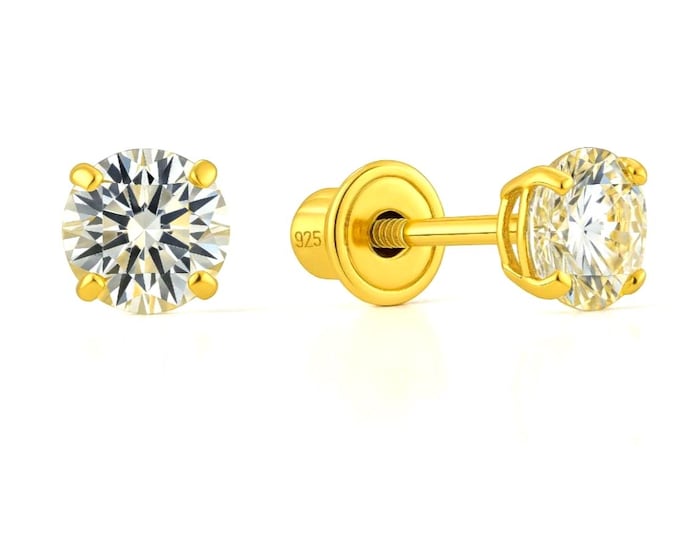 Moissanite or CZ  Stud Earrings Baby Screw Back .925 Sterling Silver Earrings 3MM-6MM