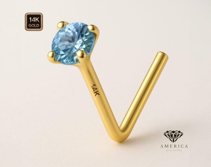 Natural Aquamarine 14K Rose Gold Nose Stud  18 GA 20 GA 22 GA  Piercing , Real Gold 14K , sold 1 piece
