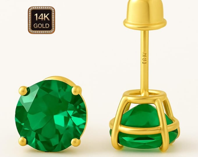 14K Gold Beautiful Lab Emerald Earrings Thin Basket earrings Baby Screw backing Sold 1 pair , Lab Emerald earrings stud.