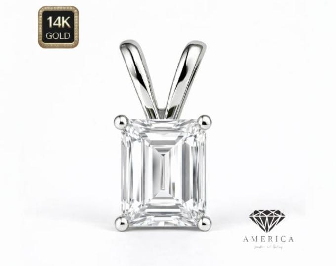 Natural Gemstone 14K Real Gold Natural Gemstone Emerald Shape with 4 Prong Basket Pendant only.