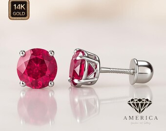 14K Gold Lab Ruby Earrings 22 GA Thin Basket earrings Baby Screw backing Sold 1 pair earrings stud.